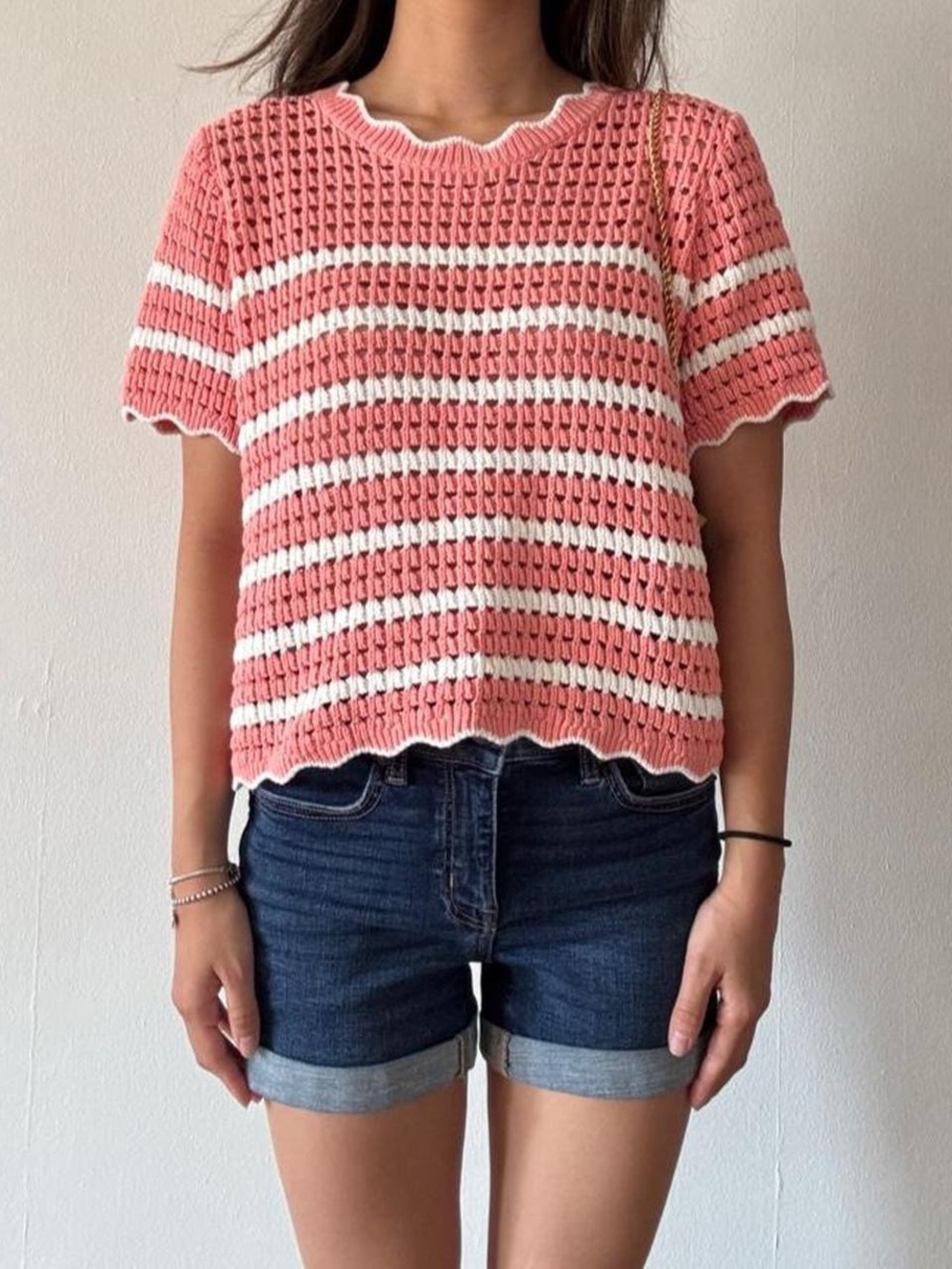 Gap coral + white 100% cotton striped crochet top with scalloped hem